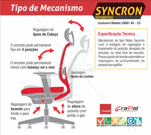 Cadeira para escritório giratória presidente 28001 AC - Syncron - Linha C3 - BRAÇO 4D - Cavaletti - Base Alumínio - 