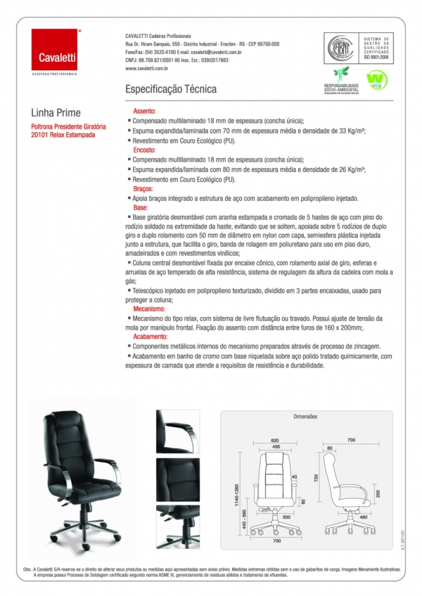 Cadeira para escritório giratória presidente 20101 RELAX - Linha Prime - Cavaletti - Base Estampada Cromada - 
