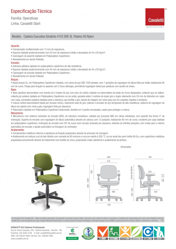 Cadeira para escritório Executiva Giratória 4103 BKG SRE - Linha Start - Braço SL - Cavaletti - Base Polaina - 