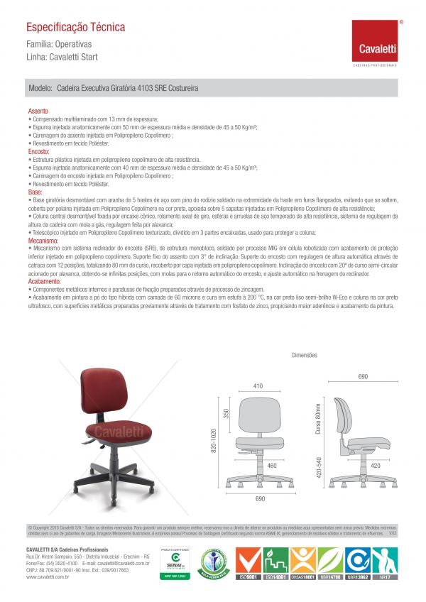 Cadeira COSTUREIRA Giratória Executiva 4103 SRE - Linha Start - Cavaletti - Base Polaina com Sapata - 