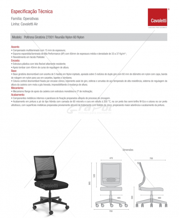 Cadeira para escritório giratória 27001 SL - BG - Linha Air - Cavaletti - Base em Nylon - 