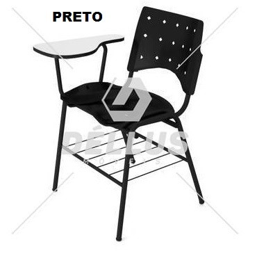 Cadeira Universitária Plástica - Com Prancheta - Com Gradil - Estrutura Preta - Assento e Encosto Preto