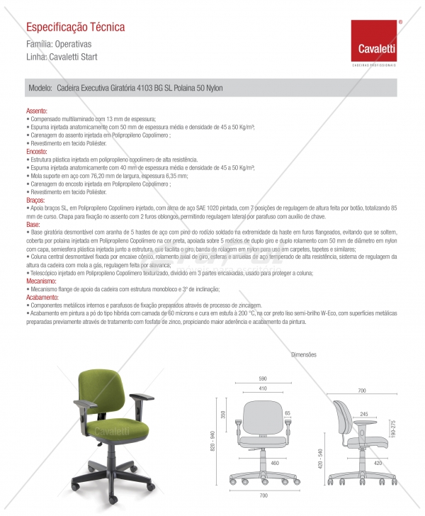 Cadeira para escritório Executiva Giratória 4103 BG - Linha Start - Braço SL - Cavaletti - Base Polaina - 