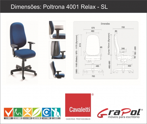 Cadeira para escritório giratória presidente 4001 RELAX Braço SL inj. - Linha Start - Cavaletti - Base Polaina - 