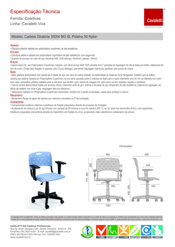 Cadeira para escritório giratória secretária plástica 35004 BG - Linha Viva - Braço SL - Cavaletti - Base Polaina - 