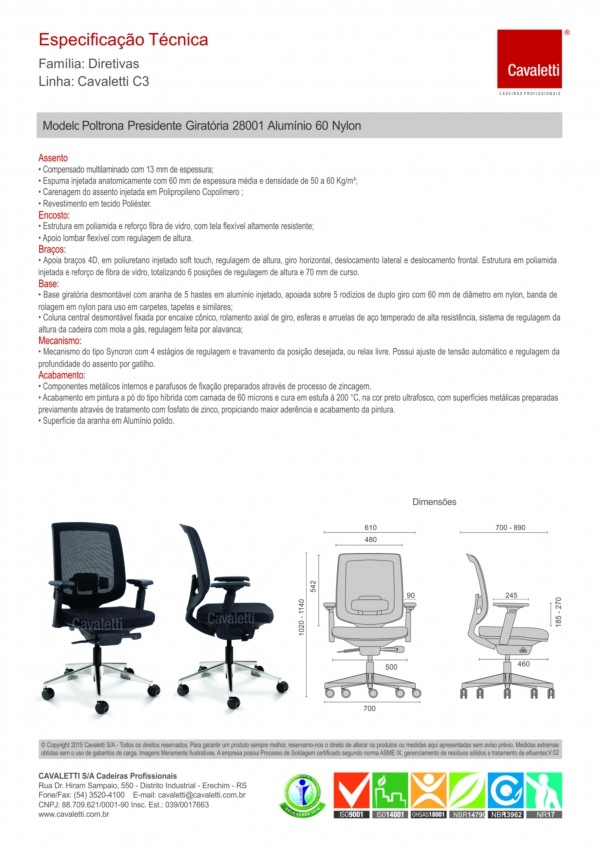 Cadeira para escritório giratória presidente 28001 - Syncron - BRAÇO 4D - Linha C3 - Cavaletti - Base Alumínio - 