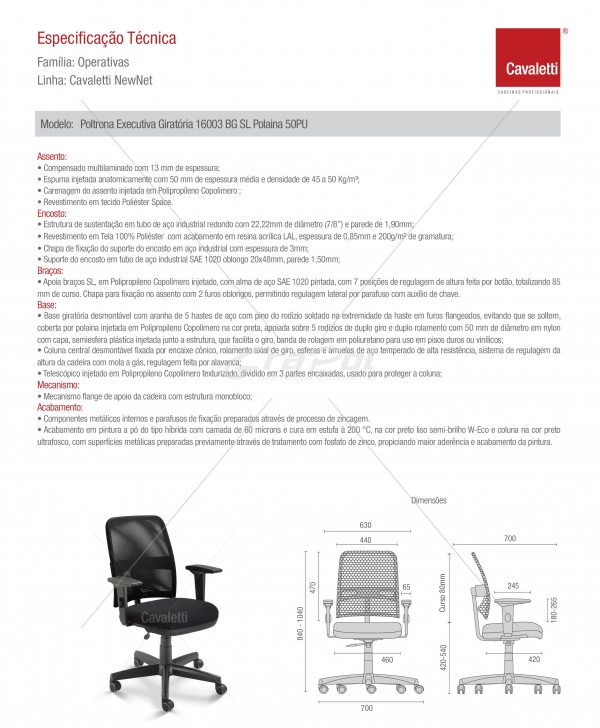Cadeira para escritório executiva giratória 16003 BG - Braço SL - Linha NewNet - Cavaletti - Base Polaina - 