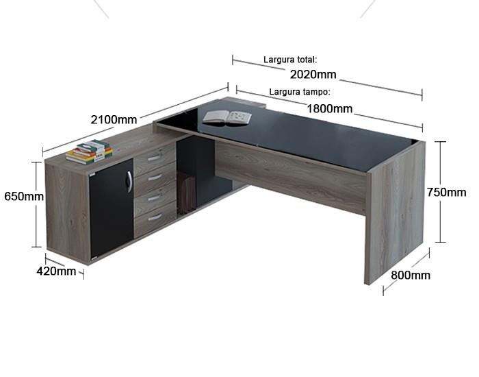 Mesa com Credenza - Tampo em Vidro 4mm - 3 Gavetas - 1800mm x 2100mm x 750mm - 